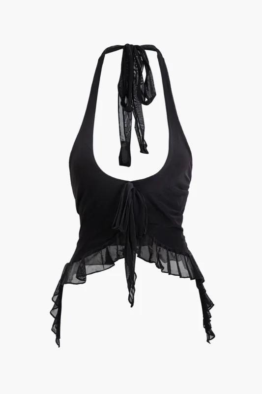 Mesh Ruffle Ruched Backless Tie-Up Cami Top sold by Micas
