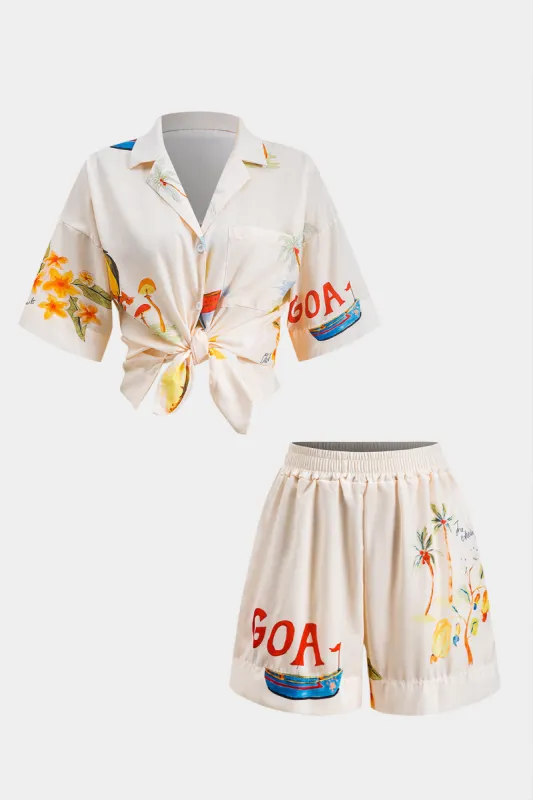 Blomsterkokosnød Palm Print Ruched Button Pocket Shirt and Shorts Set sold by Micas