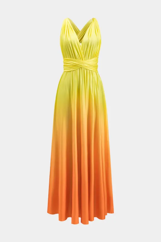 Ombre print ruched rygfri slips tilbage krydsede maxi kjole sold by Micas