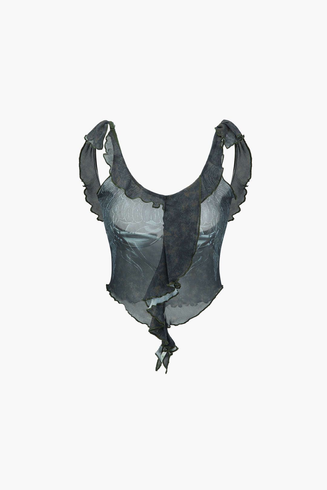Printed Ruffle Mesh Cami Top sold by Micas