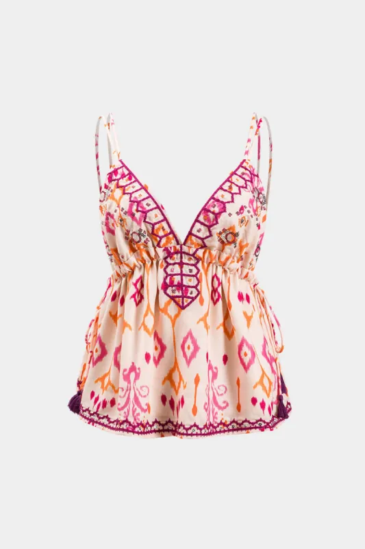 Abstrakt print sequin Embroidery Ruched Backless Cami Top sold by Micas