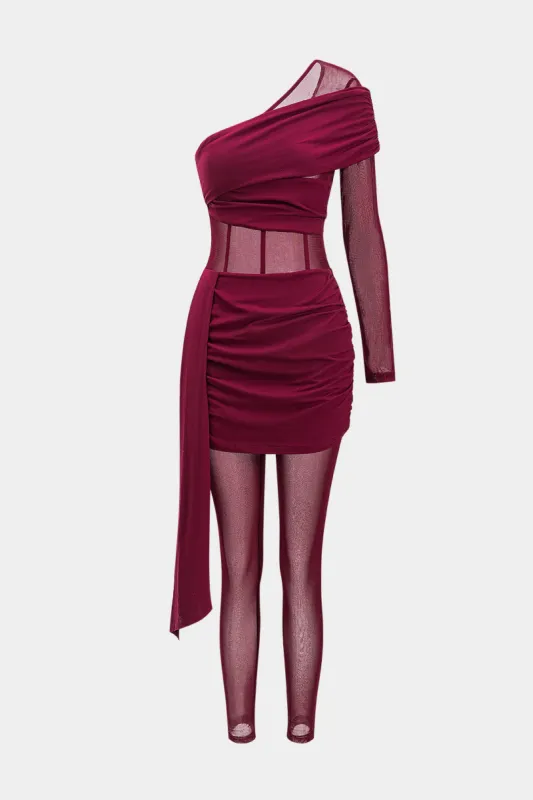 Mesh asymmetrisk patchwork ruched en skulder langærmet jumpsuit sold by Micas