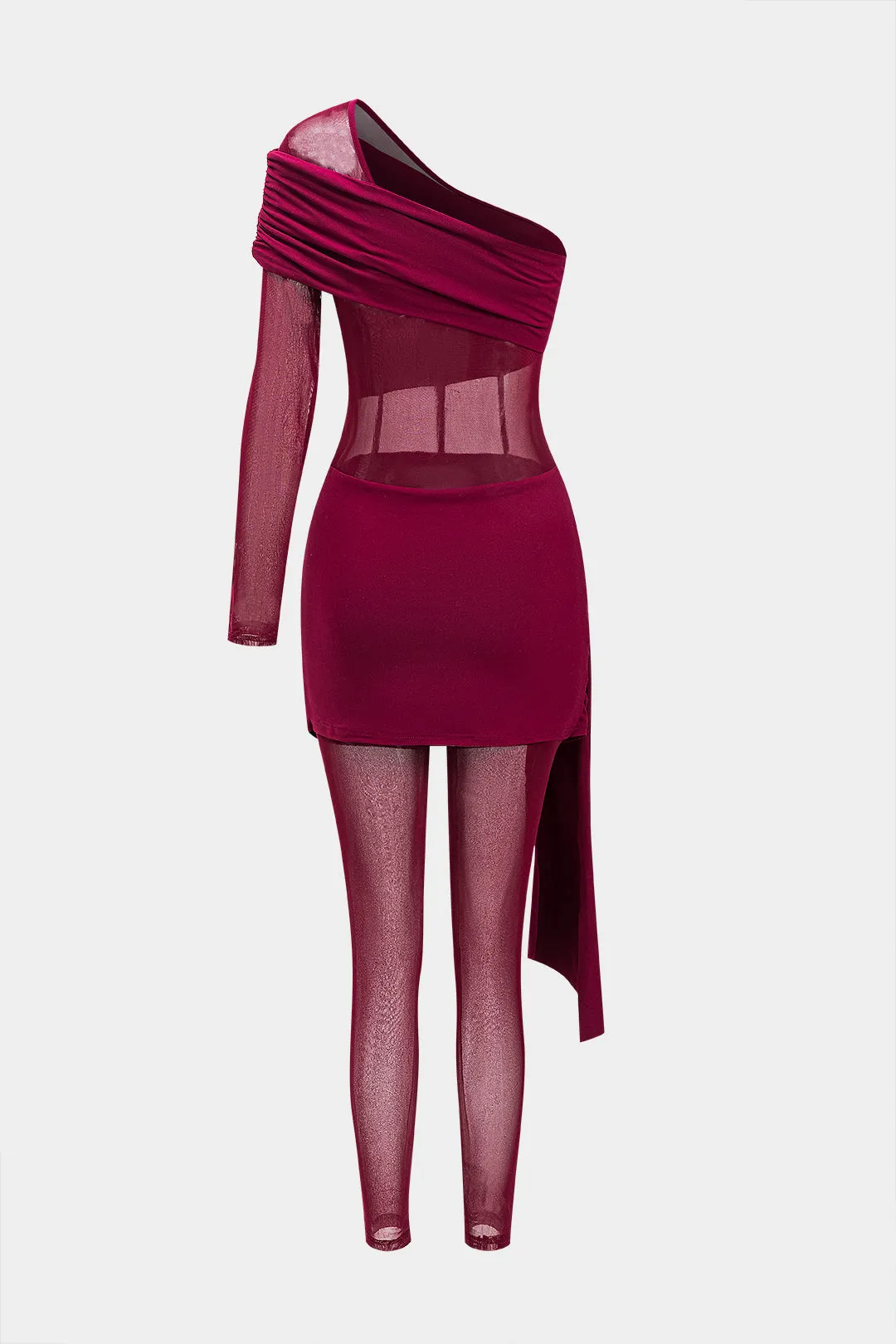 Mesh asymmetrisk patchwork ruched en skulder langærmet jumpsuit sold by Micas product image thumbnail 2