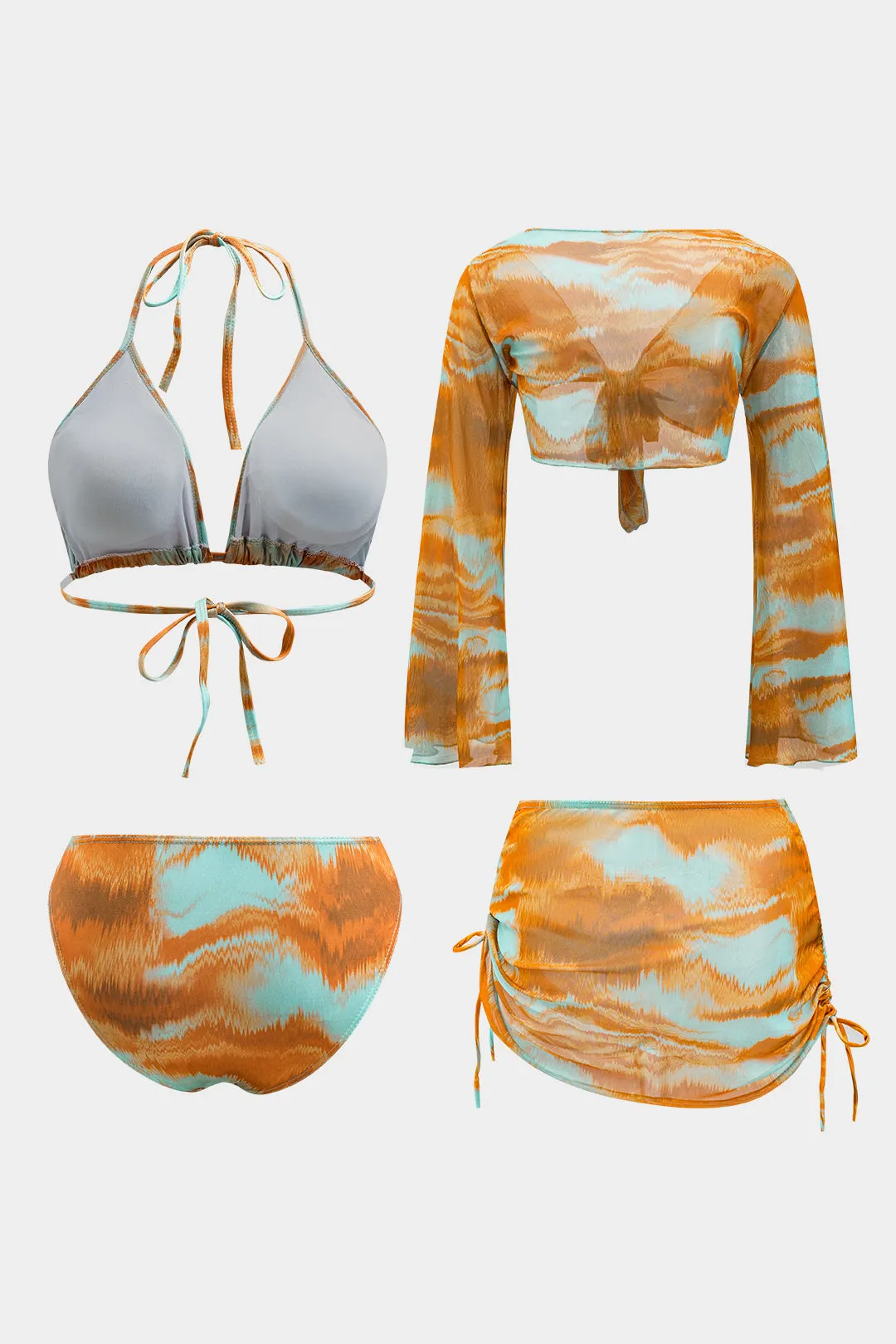 Bind farvestofprint Ruched Strappy Longærmet top og binding af bikini og slips knude cover op sæt sold by Micas product image thumbnail 2