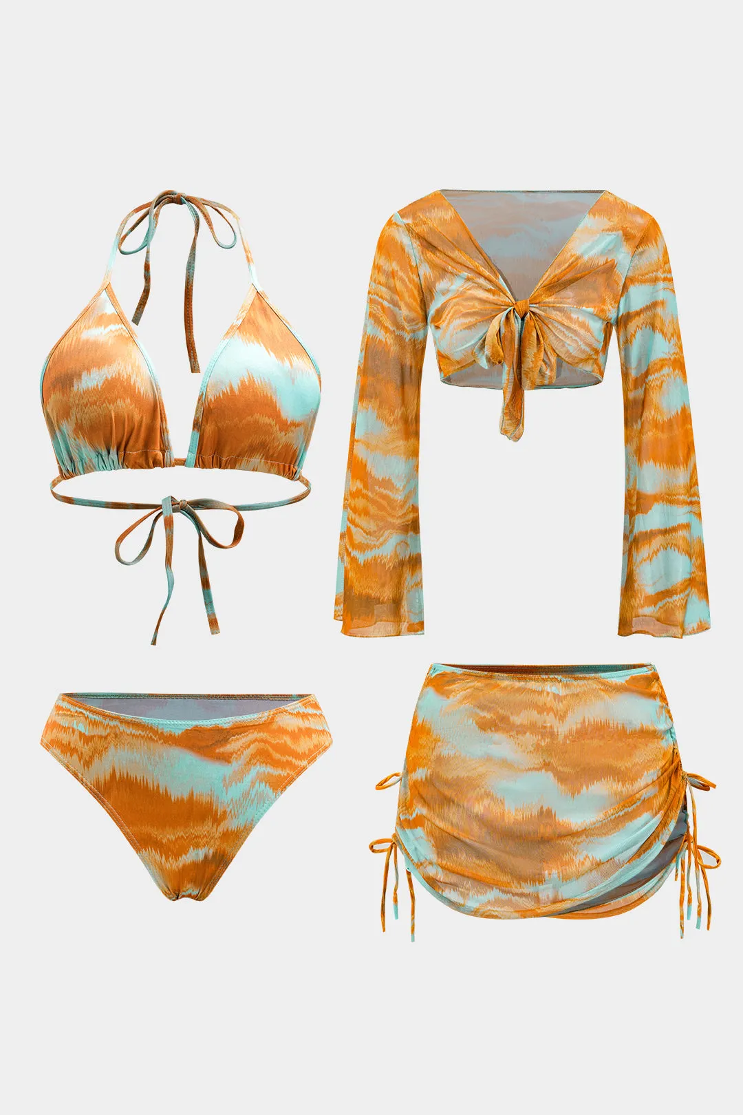 Bind farvestofprint Ruched Strappy Longærmet top og binding af bikini og slips knude cover op sæt sold by Micas