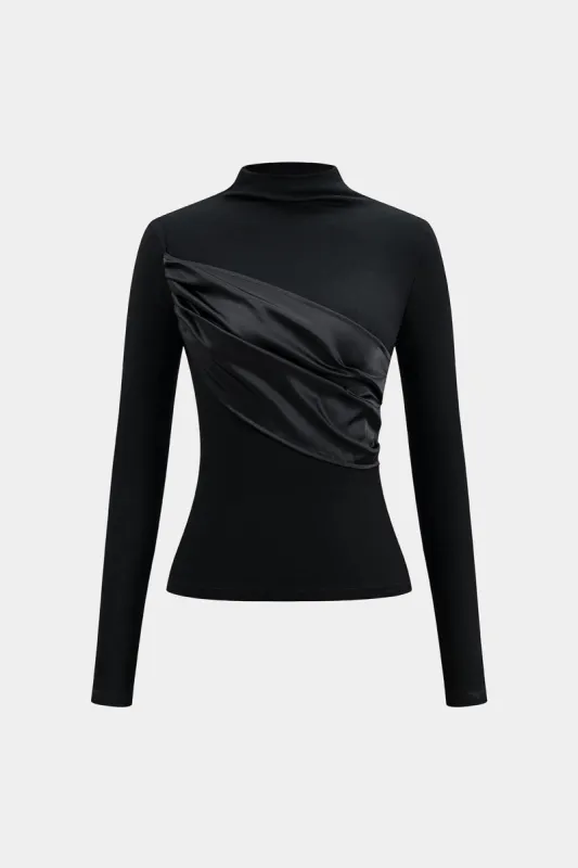 Satin ruched patchwork mock hals langærmet top sold by Micas