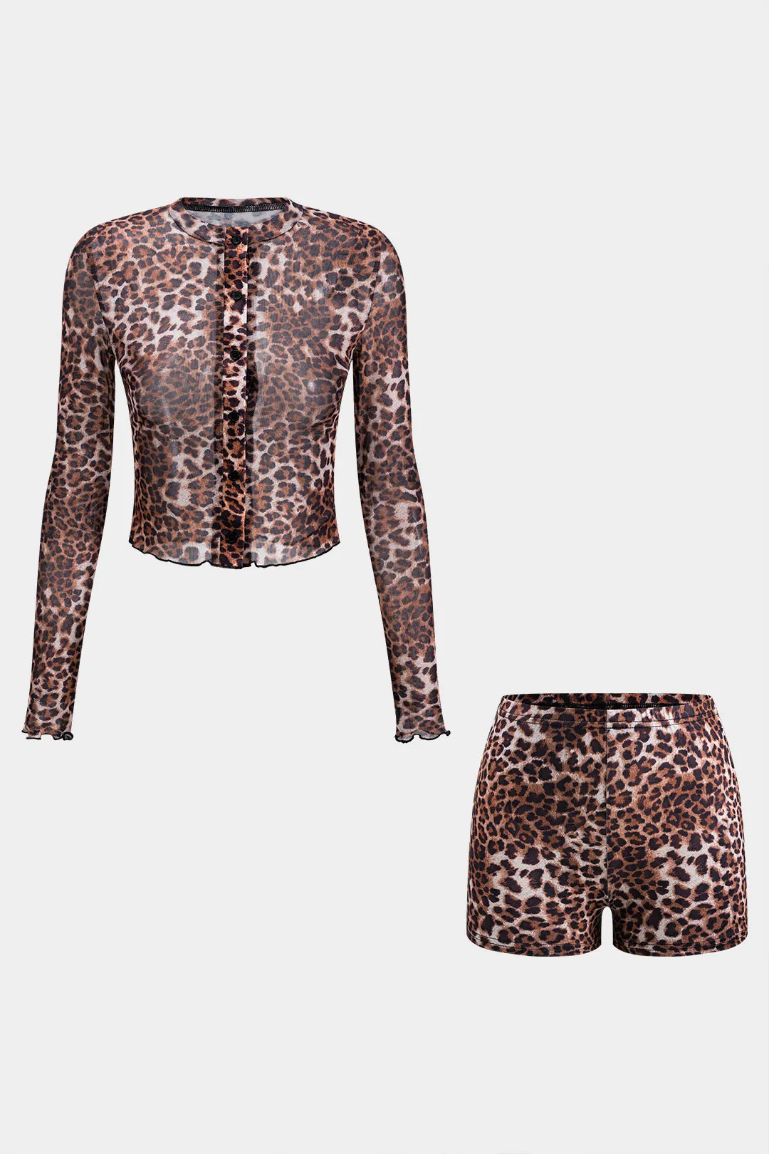 Leopard Print Mesh -knap Langærmet top og shorts indstillet sold by Micas