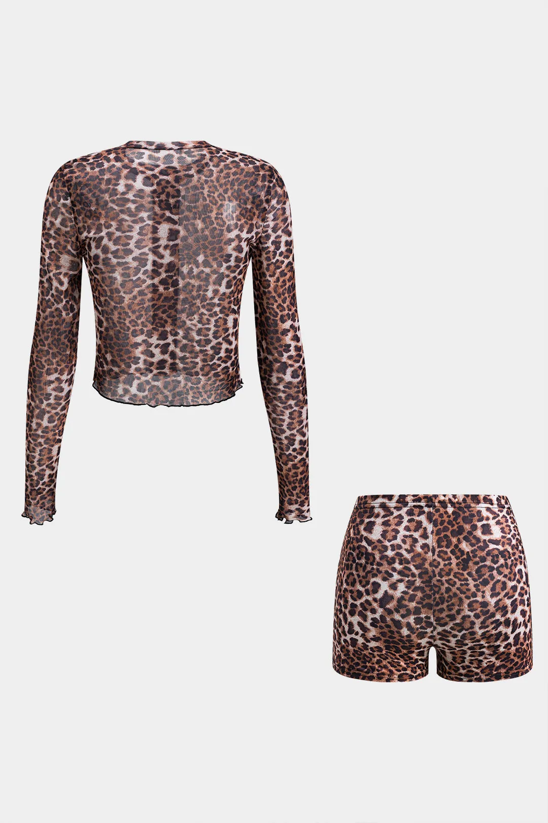 Leopard Print Mesh -knap Langærmet top og shorts indstillet sold by Micas product image thumbnail 2
