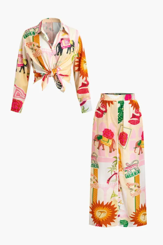 Coconut Palm Geometric Letter Print -knap Langærmet skjorte og plisserede brede benbukser sæt sold by Micas