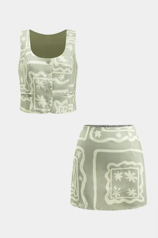 Geometrisk udskrivningsknaplommetank top og lynlås nederdel sæt sold by Micas