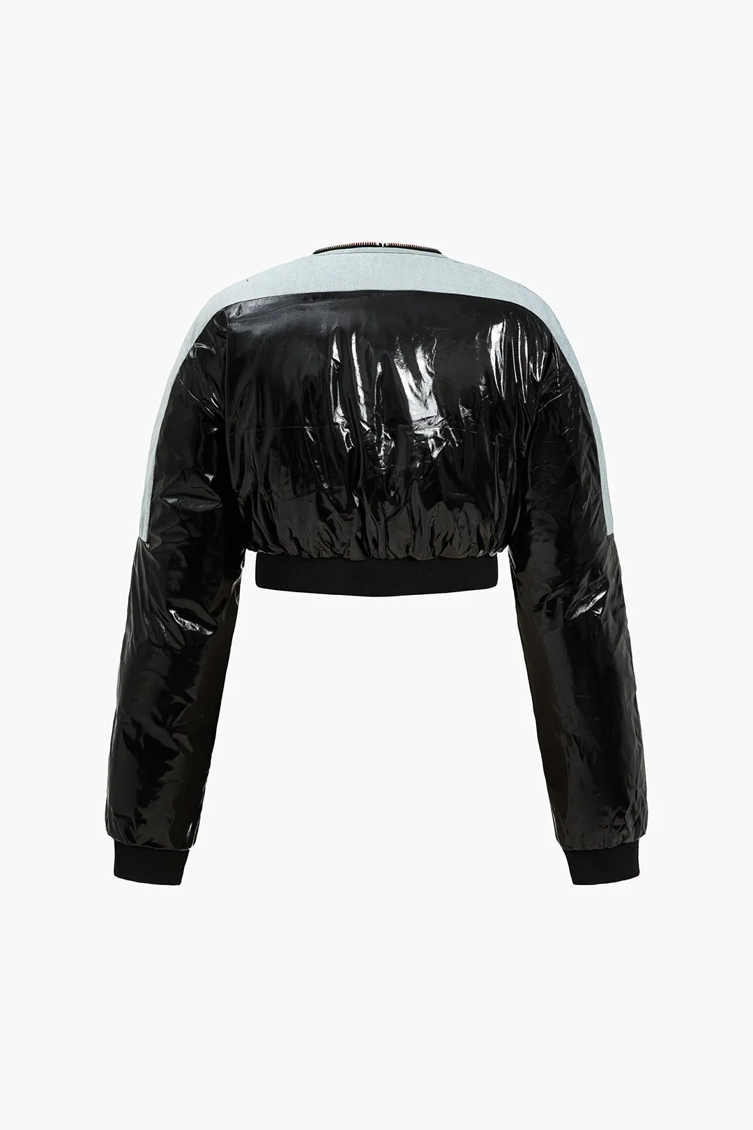 Denim faux læder ruched lynlås patchwork polstret langærmet jakke sold by Micas product image thumbnail 2