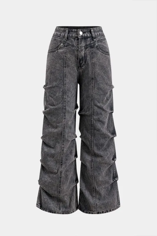 Denim Ruched Button Pocket Wide Ben Jeans sold by Micas