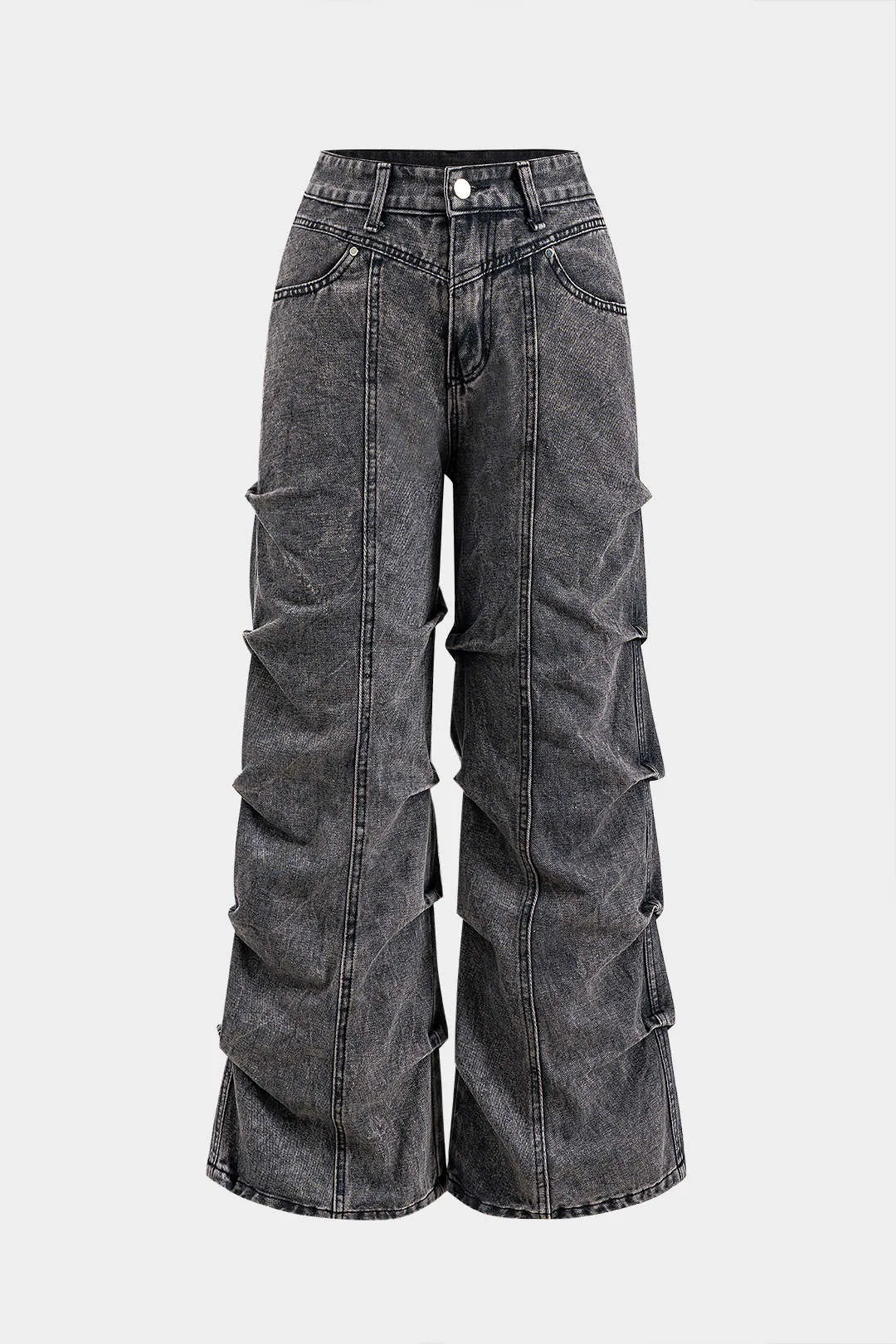 Denim Ruched Button Pocket Wide Ben Jeans sold by Micas