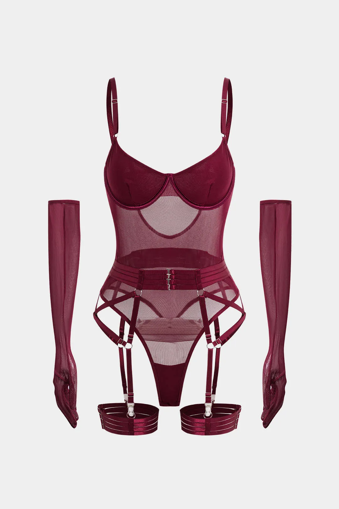 Mesh Patchwork Strappy Backless Bustier Lingerie Garter Set med handsker sold by Micas