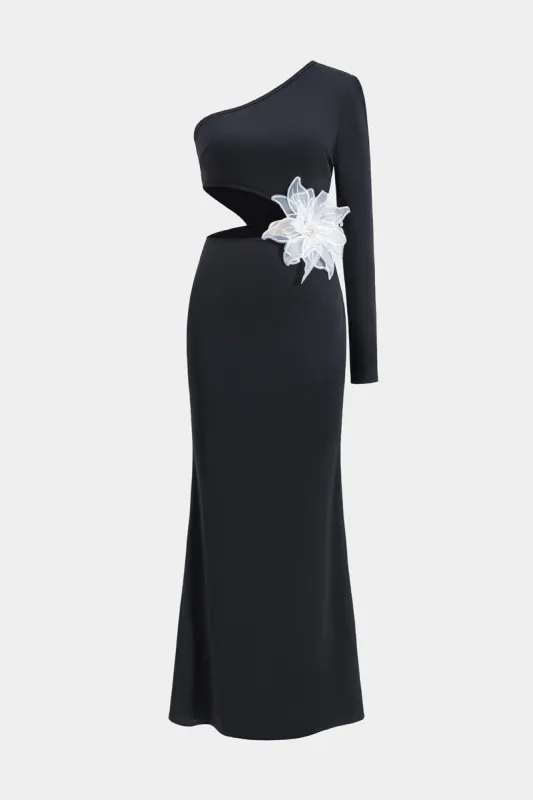 3d Floral perle Ruched One Shoulder Zipper Langærmet maxi kjole sold by Micas