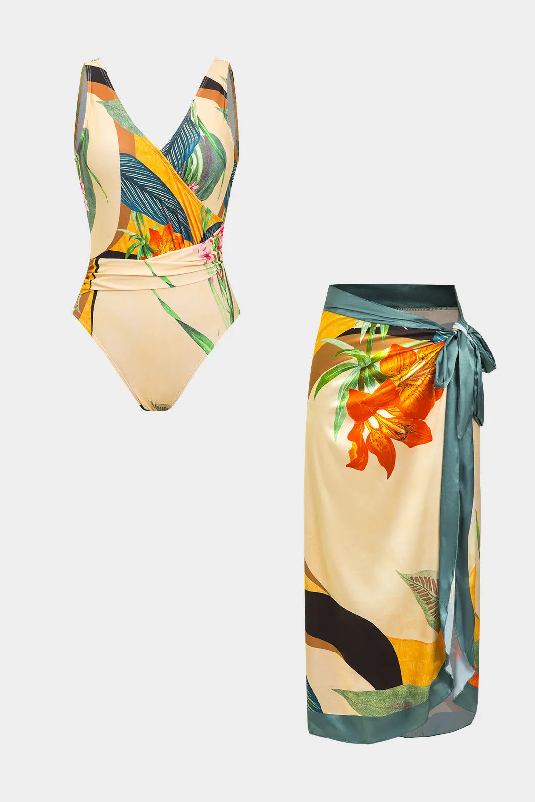 Blomsterprint Satin Ruched krydsede rygfri mavekontrol Badetøj og TIE KNOT Cover Up Set sold by Micas