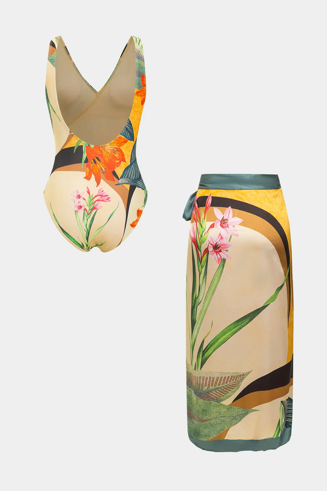 Blomsterprint Satin Ruched krydsede rygfri mavekontrol Badetøj og TIE KNOT Cover Up Set sold by Micas product image thumbnail 2