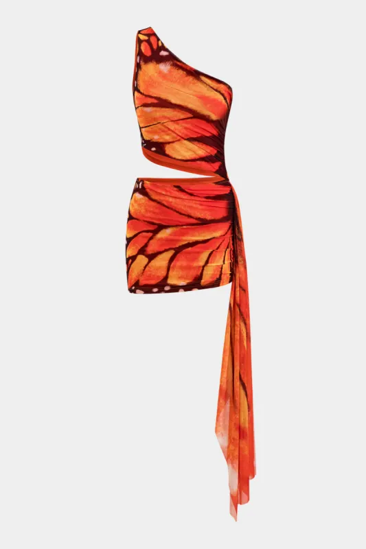 Butterfly Print Mesh Ruched Asymmetrical One Shoulder Mini Dress sold by Micas