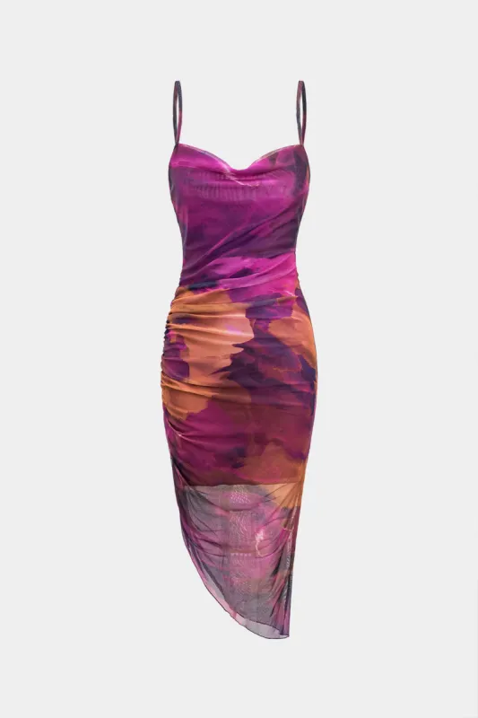 Tie farvestofprint mesh ruched rygfri slips back slip maxi kjole sold by Micas
