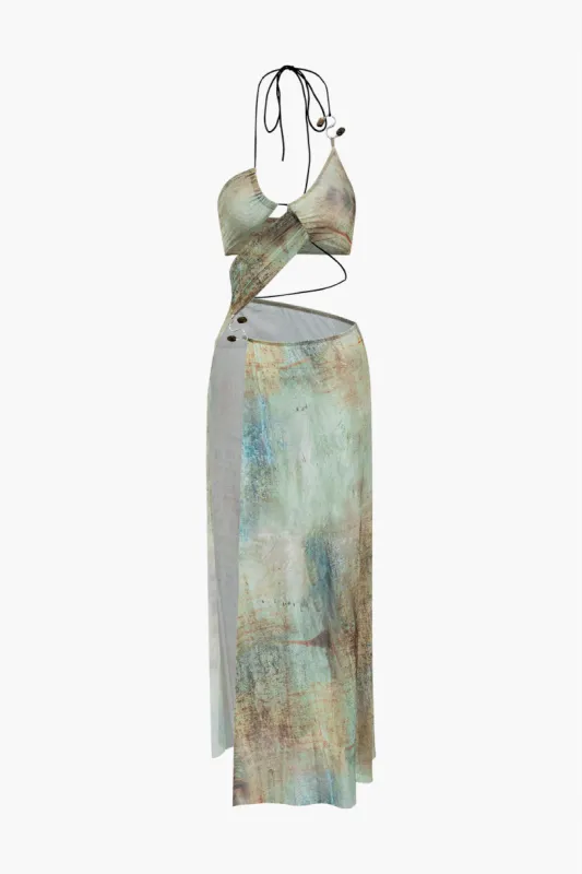 Vandfarveprint Mesh Rygfri binding Slit Maxi-kjole sold by Micas