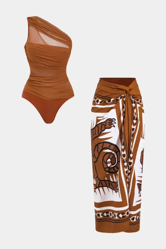 Mesh Ruched Asymmetrical Patchwork Tummy Control Swoverwear og Tiger Print Twist Knot Cover Up Set sold by Micas