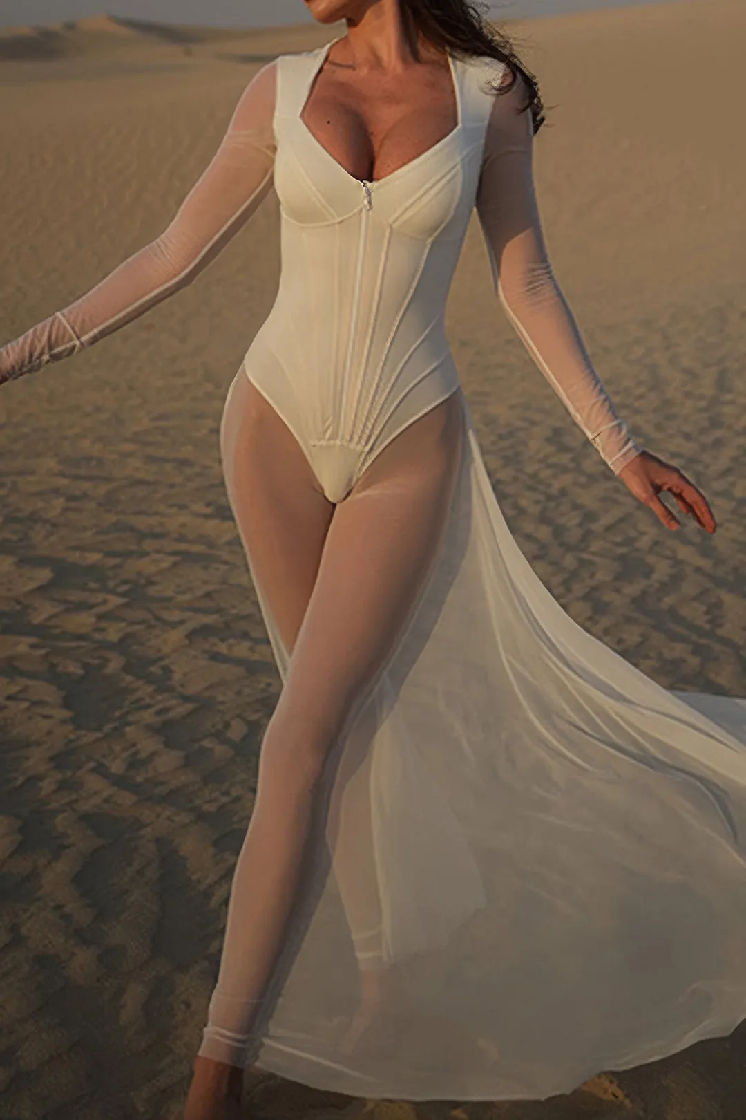 Mesh Sheer Zipper Bustier Corset Langærmet Jumpsuit sold by Micas product image thumbnail 4