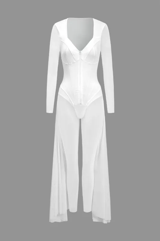 Mesh Sheer Zipper Bustier Corset Langærmet Jumpsuit sold by Micas