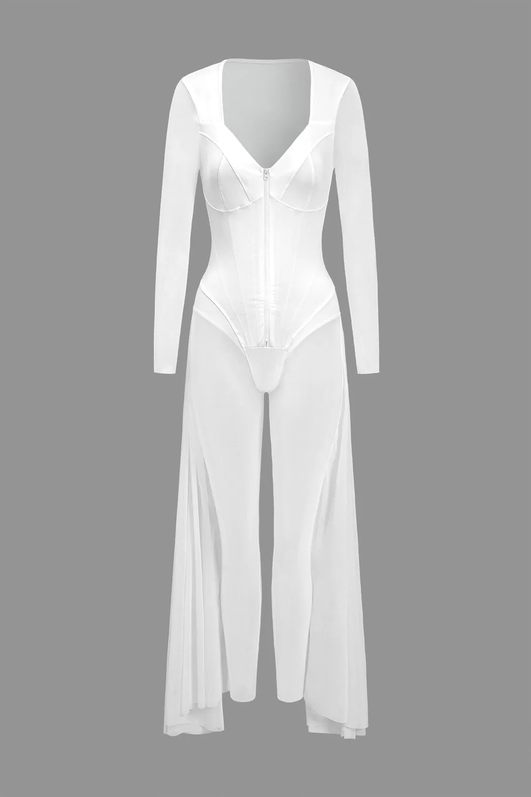 Mesh Sheer Zipper Bustier Corset Langærmet Jumpsuit sold by Micas