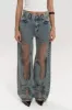 Denim patchwork mesh knap lomme udskåret brede ben jeans sold by Micas