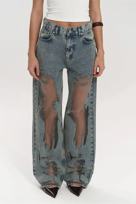Denim patchwork mesh knap lomme udskåret brede ben jeans sold by Micas