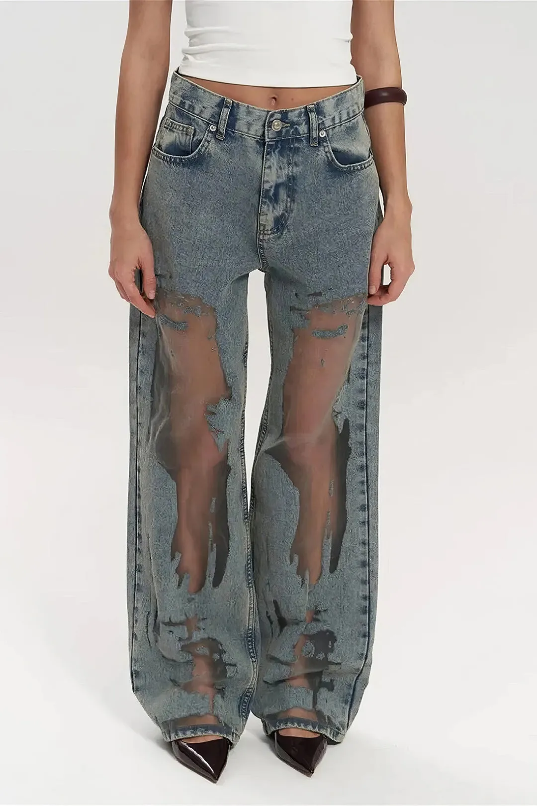 Denim patchwork mesh knap lomme udskåret brede ben jeans sold by Micas