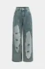 Denim patchwork mesh knap lomme udskåret brede ben jeans sold by Micas
