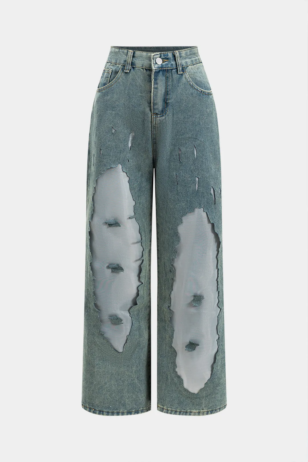 Denim patchwork mesh knap lomme udskåret brede ben jeans sold by Micas product image thumbnail 2