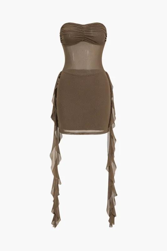 Mesh Sheer Ruffle Ruched Rhinestone Stropløs mini -kjole sold by Micas