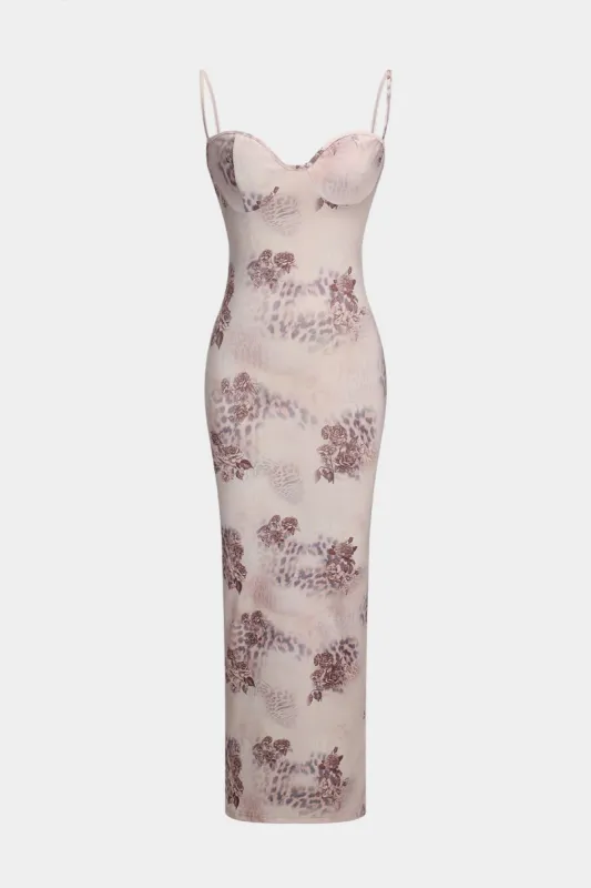 Leopard blomsterprint bustier slip maxi kjole sold by Micas