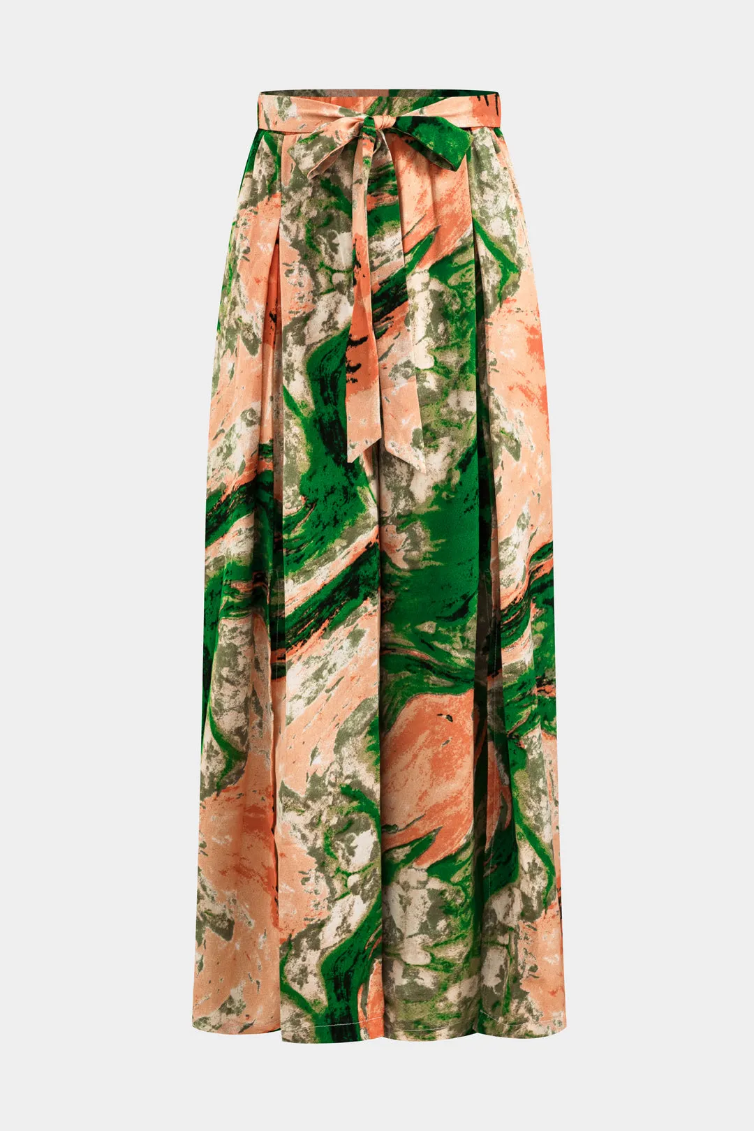 Abstrakt print chiffon plisseret slips foran brede ben bukser sold by Micas