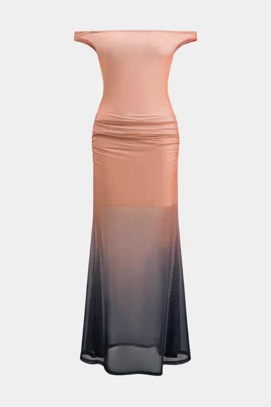 Ombre Print Mesh Ruched Off Shoulder Maxi Dress sold by Micas