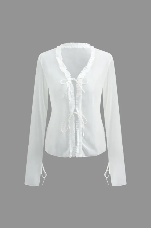 Mesh Ruffle Tie Front Longærme skjorte sold by Micas