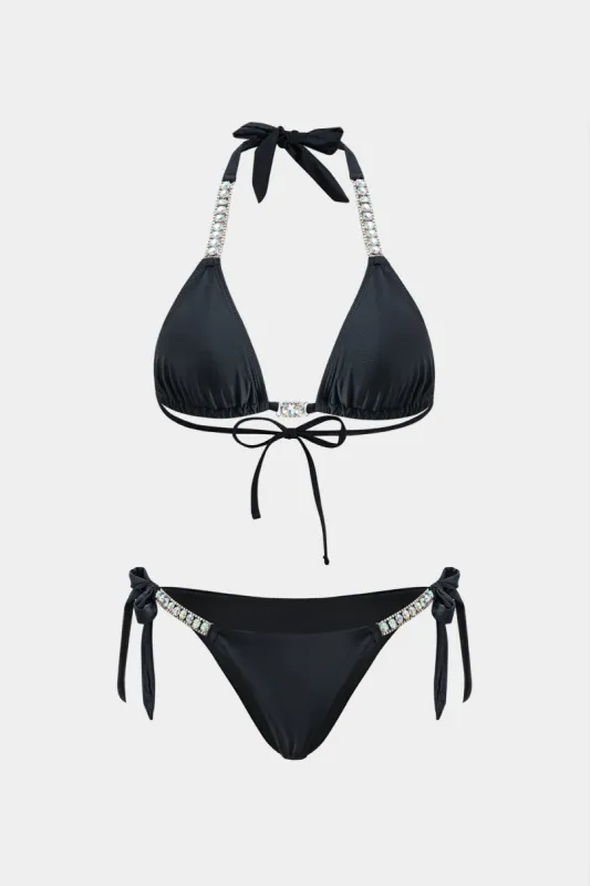 Rhinestone Strappy Ruched Bikini Set sold by Micas