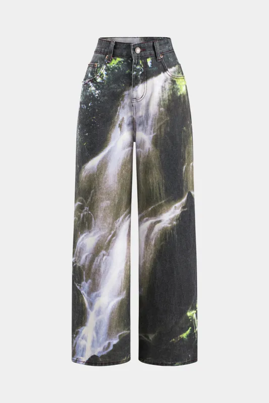 Vandfald print denim knap lomme brede ben jeans sold by Micas