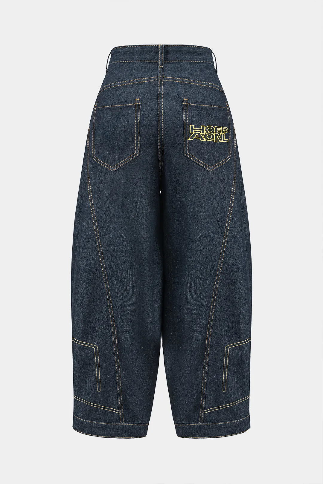 Brev broderi denim syning knap lomme bred ben tønde jeans sold by Micas product image thumbnail 2