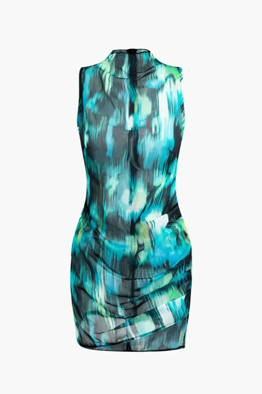 Vandfarveprint chiffon lynlås ærmeløs mini kjole sold by Micas