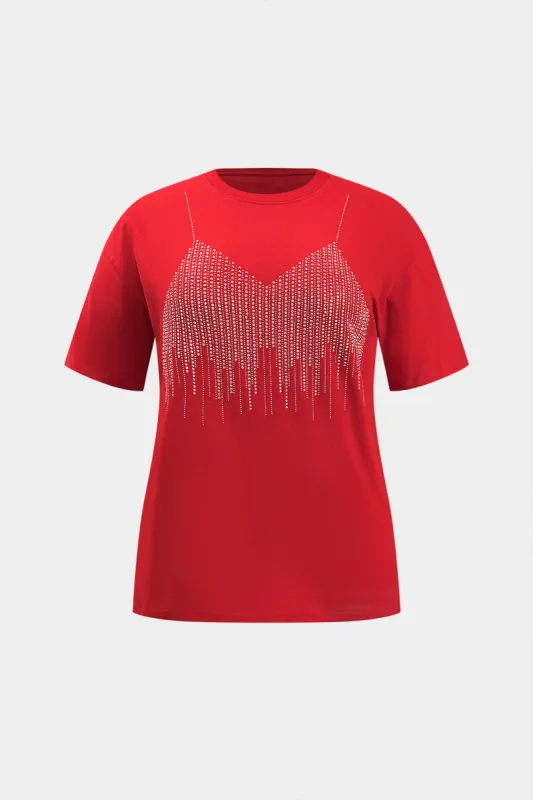 Plus størrelse rhinestone kortærmet t-shirt sold by Micas