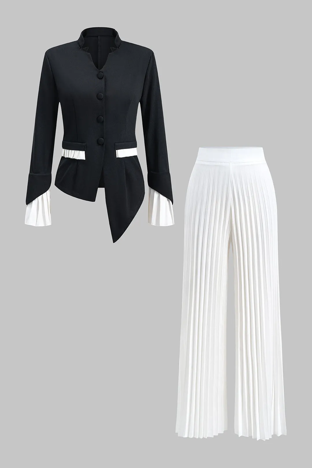 Kontrast plisset knaplomme langærmet top og brede benbukser sæt sold by Micas