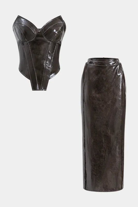 Faux læder lynlås bustier korset cami top og spalt nederdel sæt sold by Micas