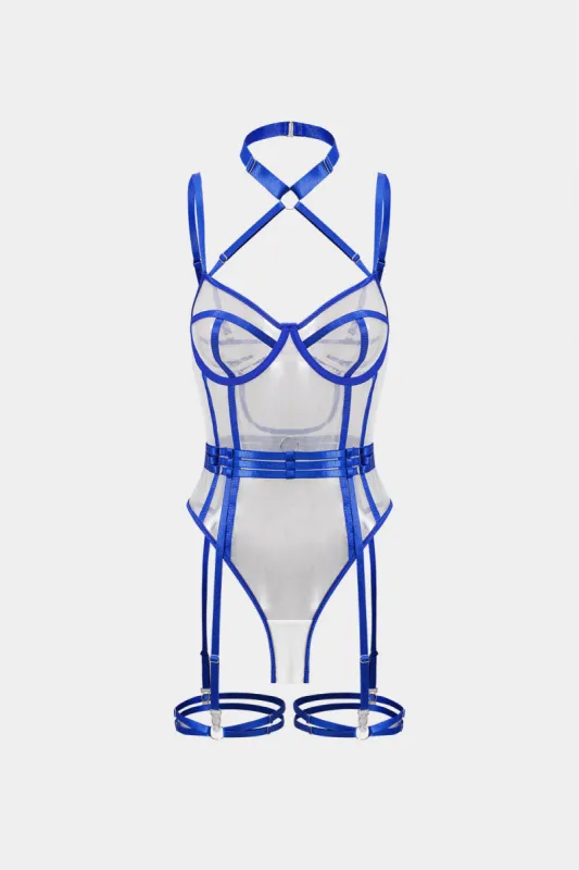 Kontrast Mesh Sheer Patchwork Bustier Lingerie Garter Set sold by Micas