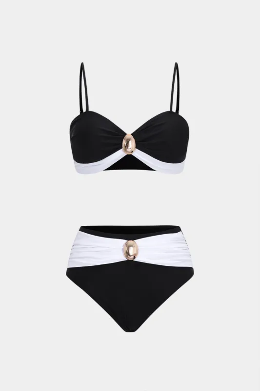 Kontrast Metallic Ruched Patchwork Bikini Set sold by Micas