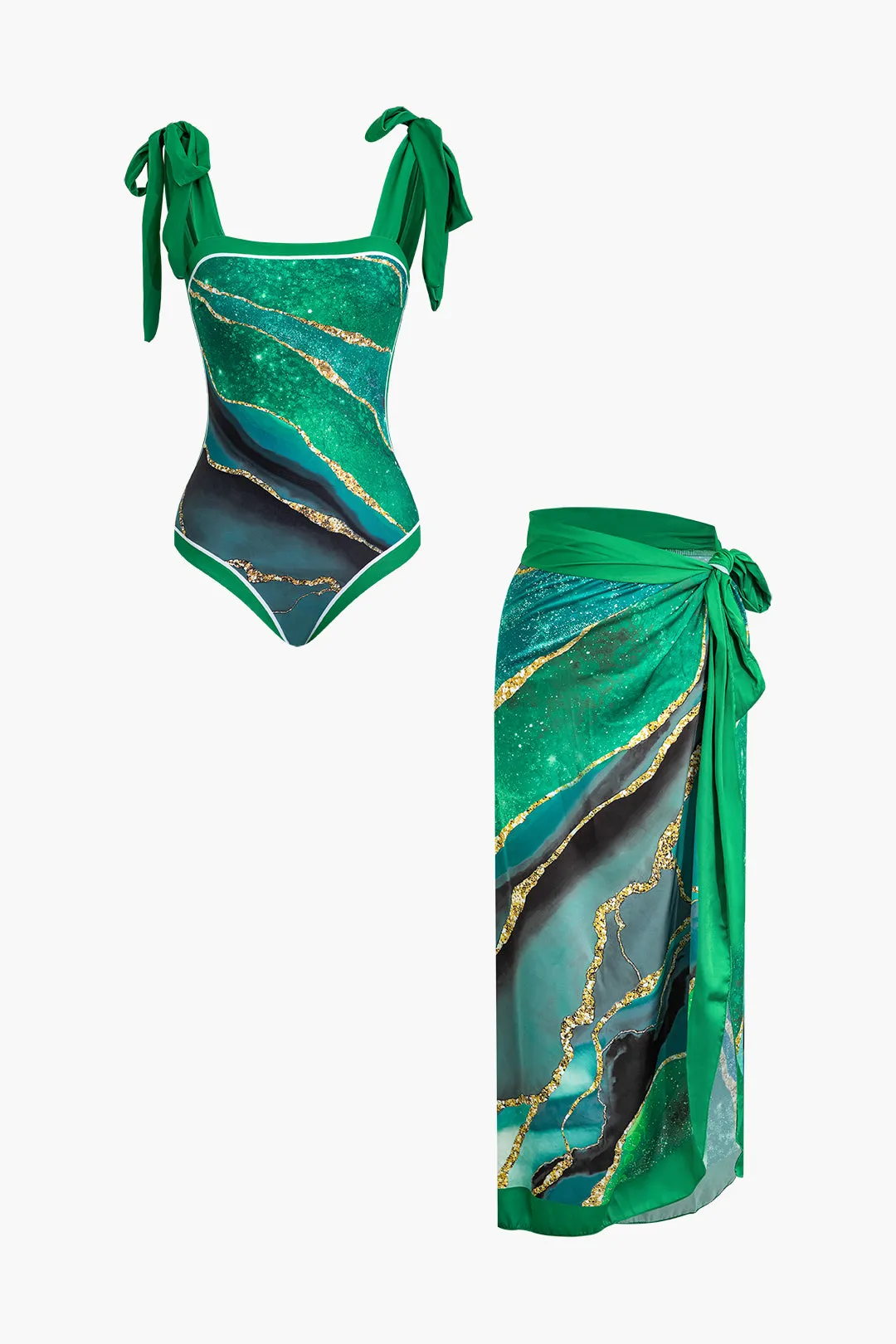 Abstrakt udskrivning Tie op mave kontrol badedragt og ruched slips knude dækker opsæt sold by Micas