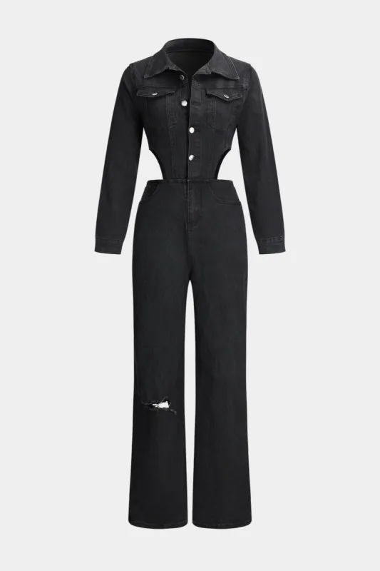 Denim udskåret knap klap lomme langærmet jumpsuit sold by Micas