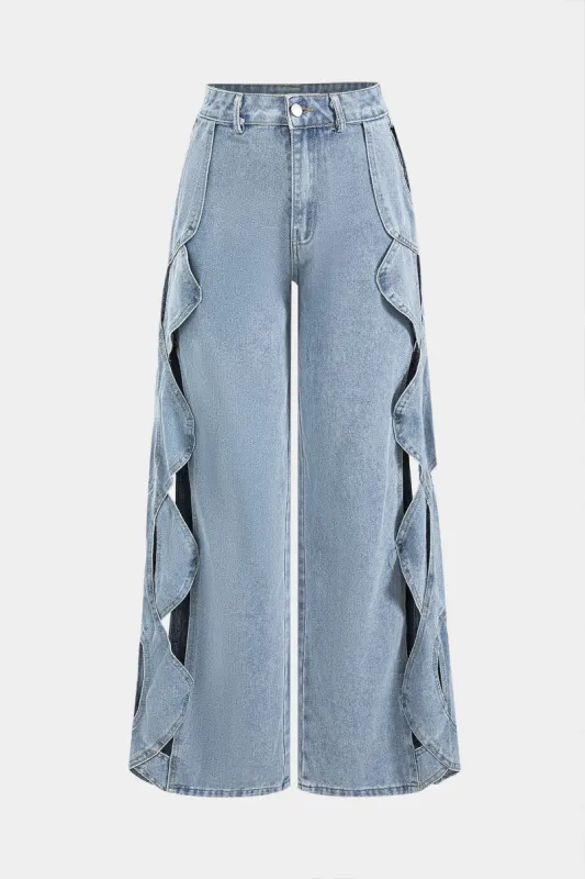 Denim hul ud knap lomme brede ben jeans sold by Micas